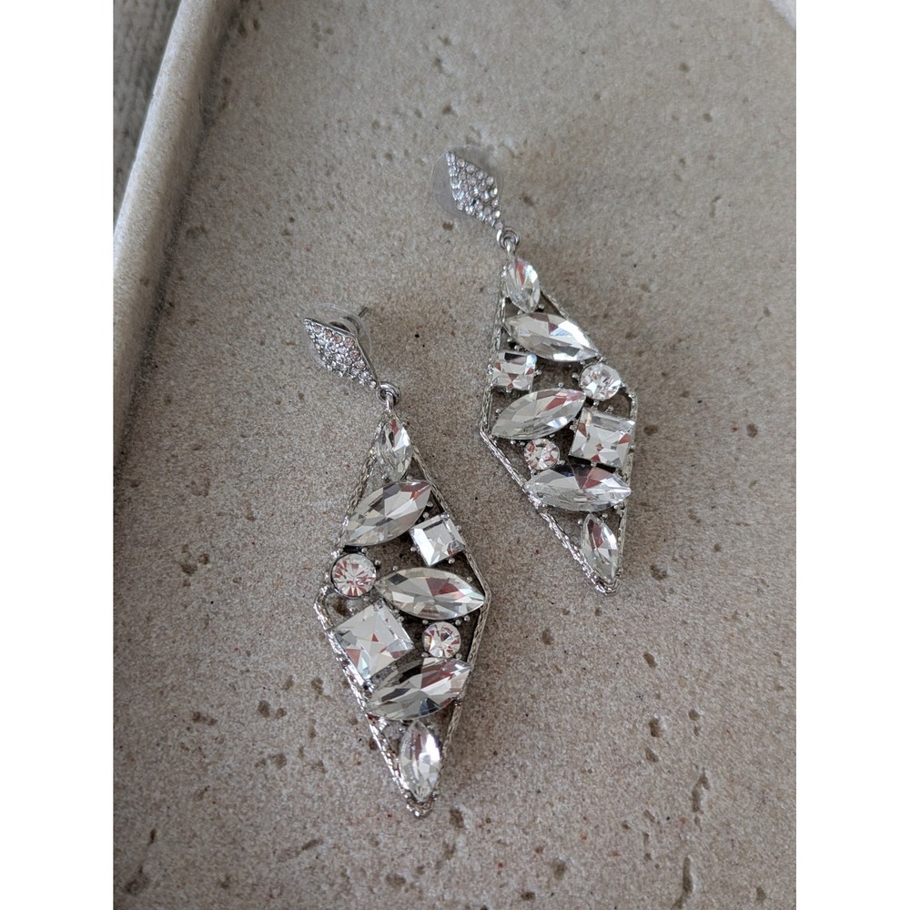 GLAM Rhinestone Dangle Earrings Silver Tone Large Statement Geometric Bling